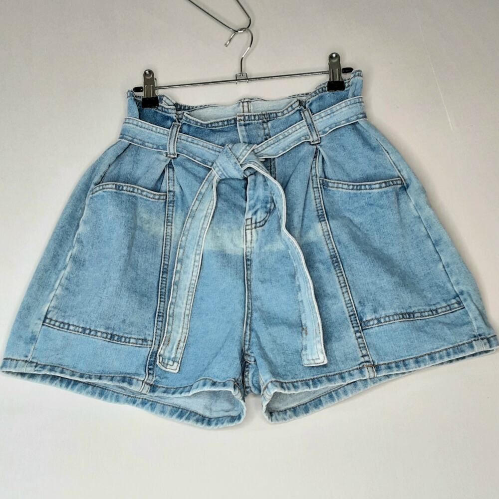 💎Denim Co Paperbag  Shorts High Rise With Sash Tie Patch Pockets Size US 10